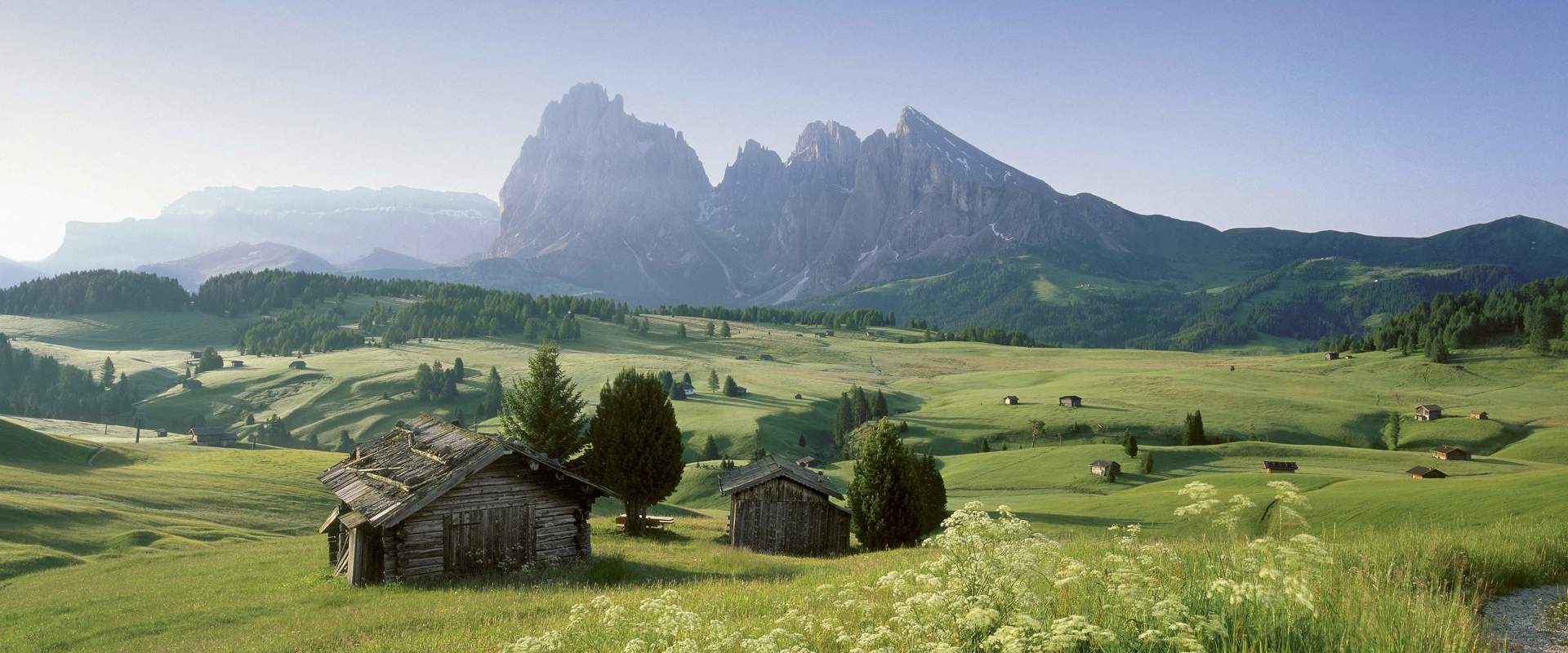 Seiser Alm im Sommer Holzhütten auf einem grünen Plateau umgeben von grünen Wiesen und Nadelbäumen. Im Hintergrund die Dolomiten.