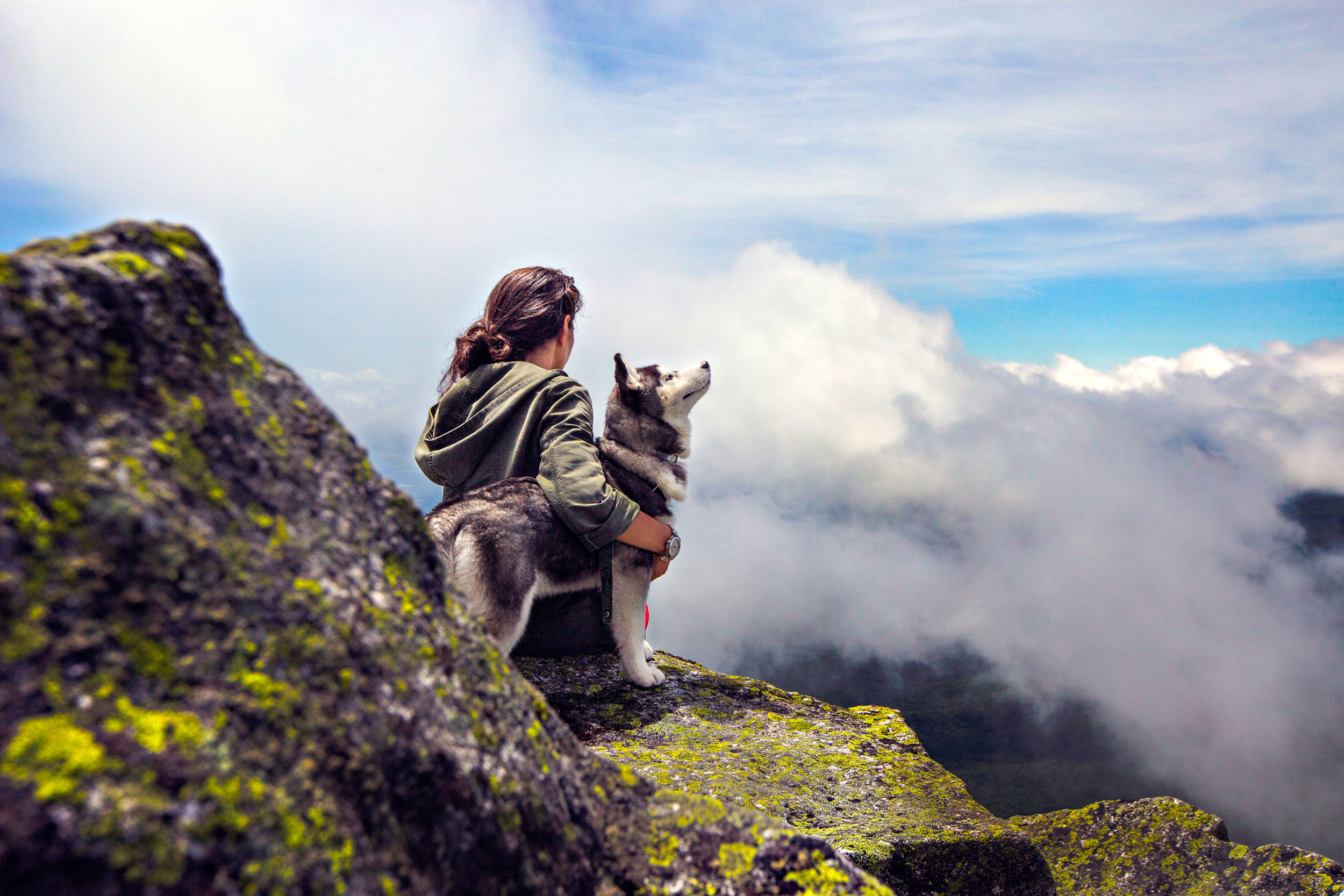 Frau sitzt mit ihrem Hund auf einem Stein am Berg.