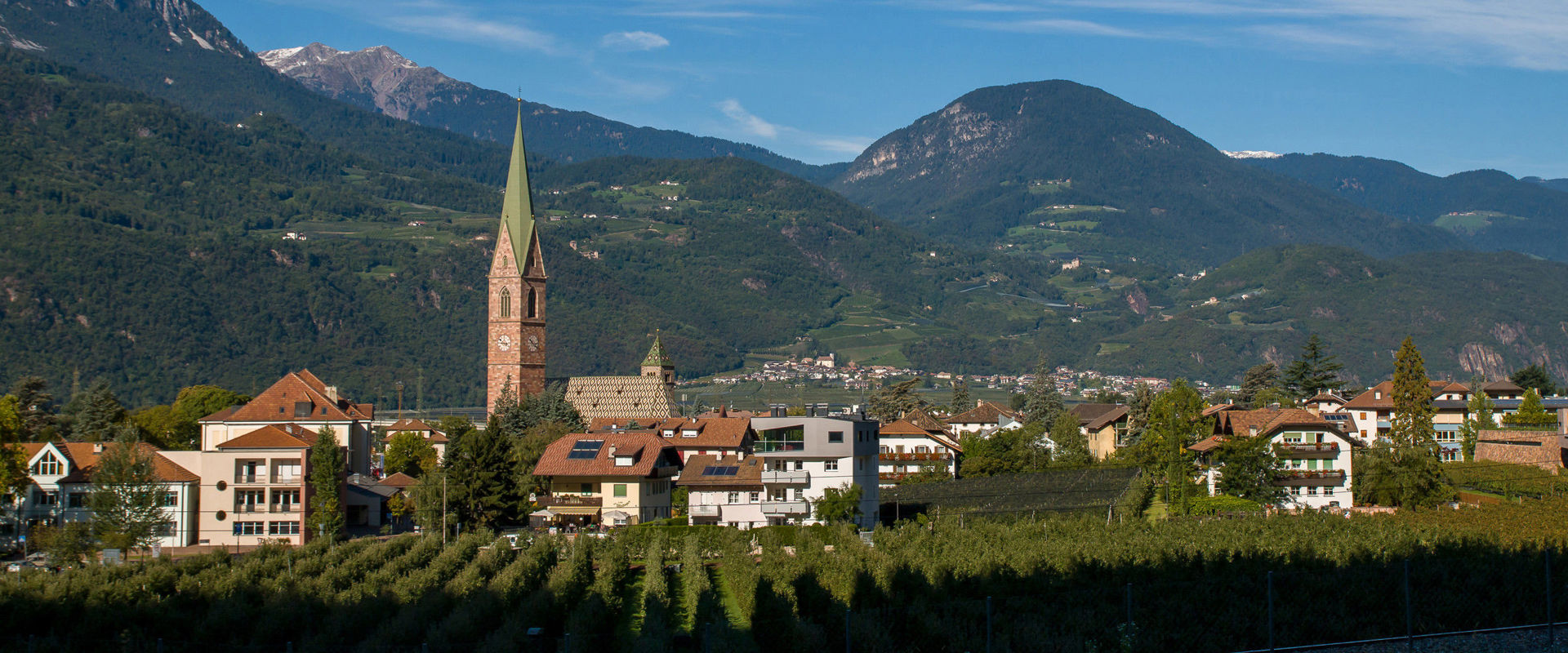 Terlan  Blick auf das Dorf Terlan und der Pafarrkirche Mariä Himmelfahrt eingebettet in Weinreben und Obstwiesen.
