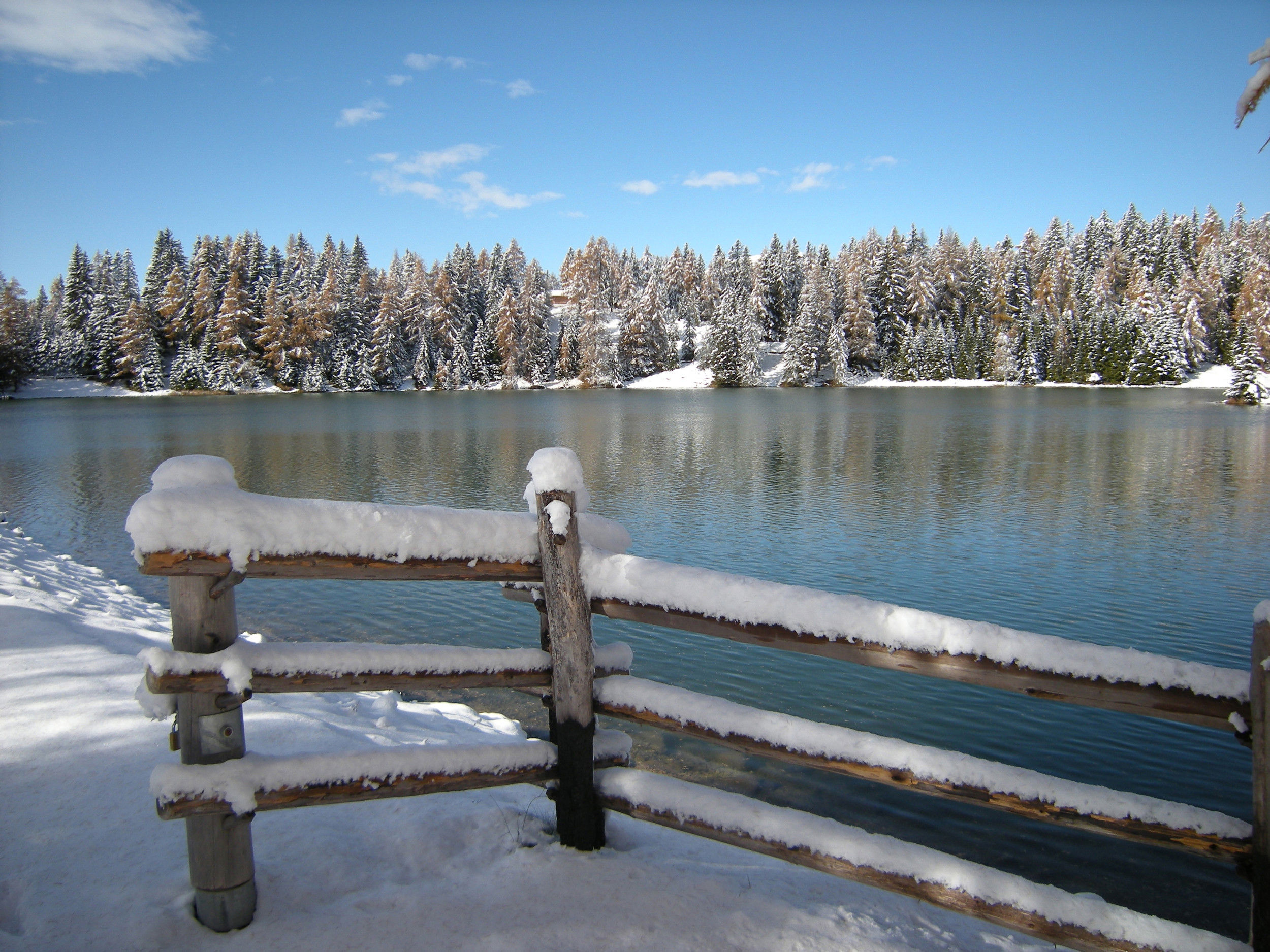 Der Felixer Weiher, auch Tretsee genannt und eine mit Schnee bedeckte winterliche Landschaft.
