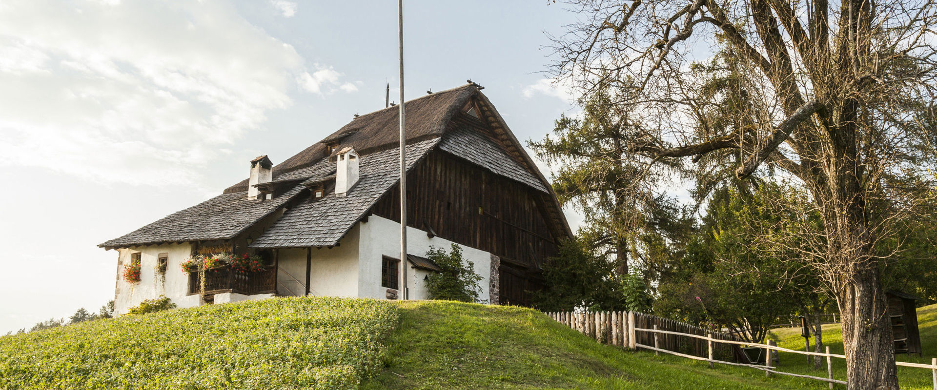 Imkereimuseum in Wolfsgruben Altes Bauernhofgebäude mit Südtiroler Fahne auf einem grünen Hügel.