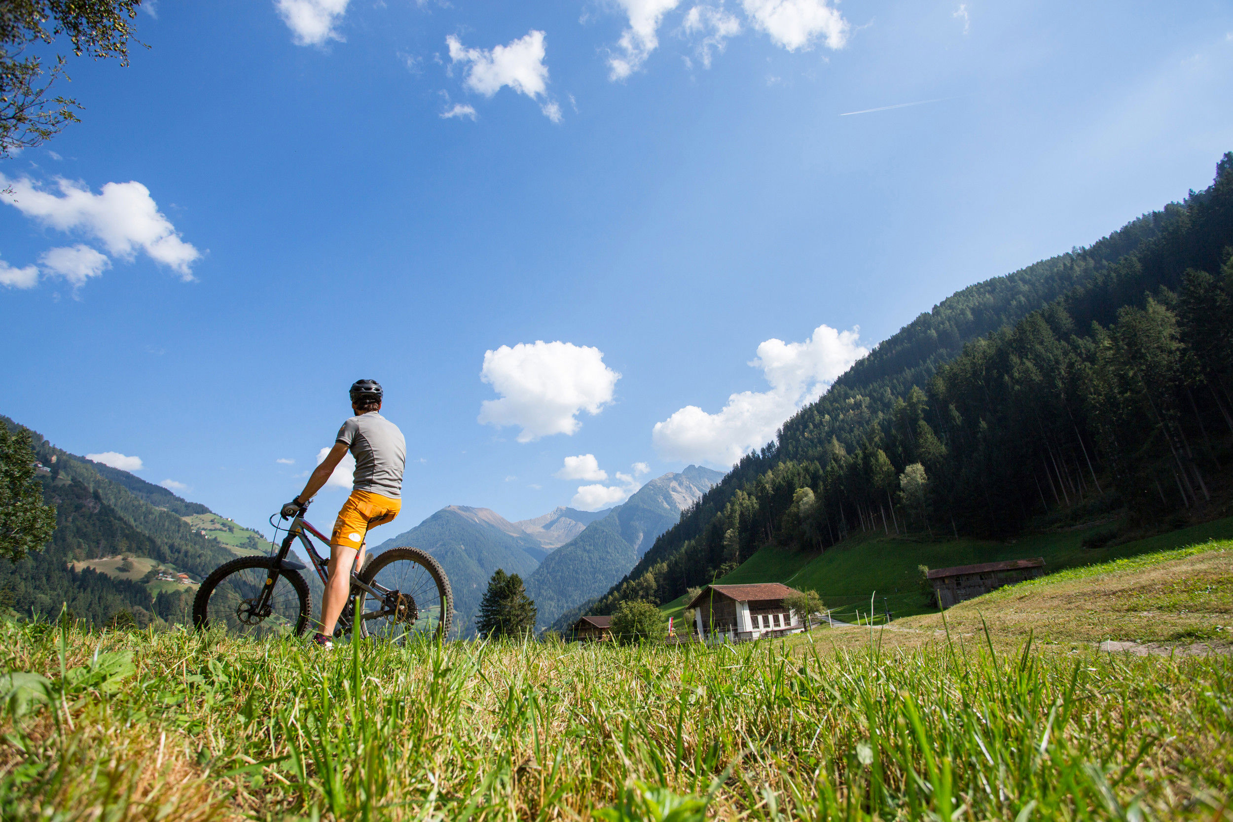 Ein Mann sitzt auf dem Fahrrad und blickt in die Ferne zu den Bergspitzen.