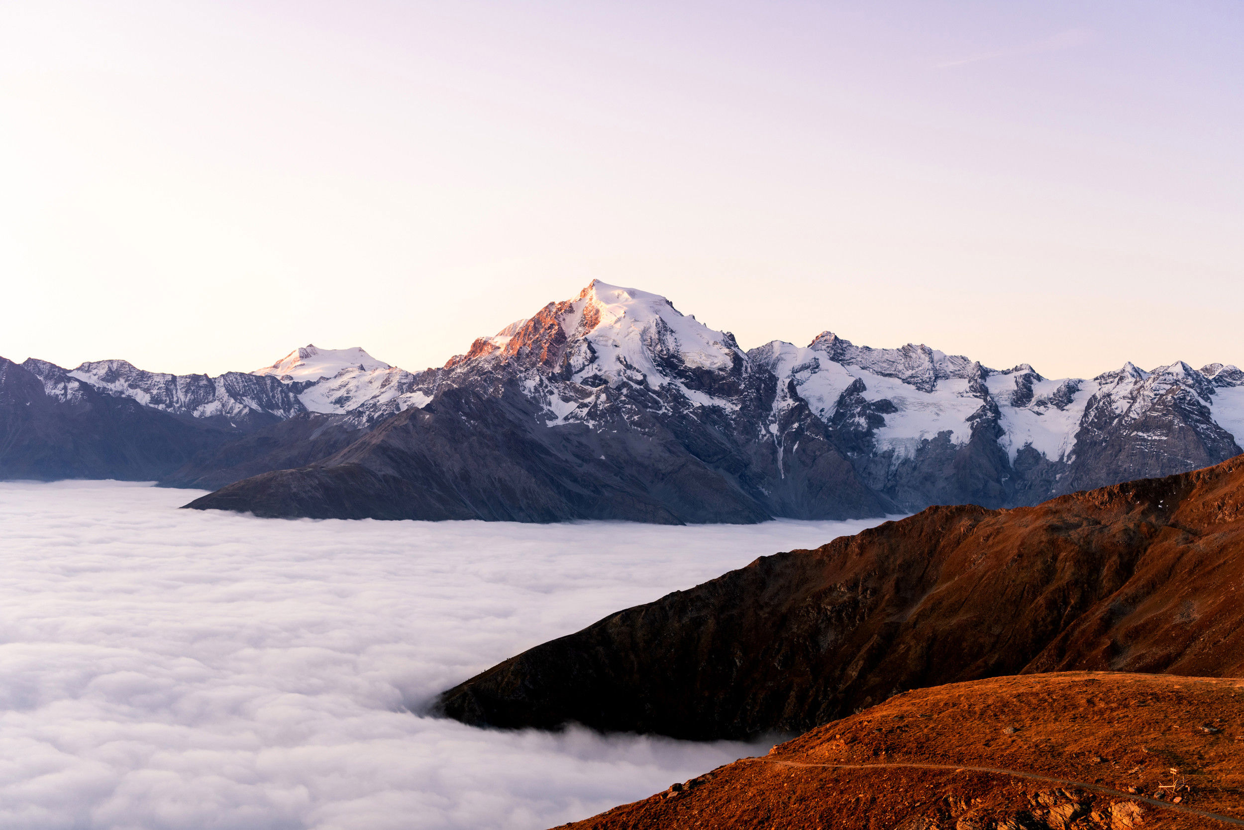 Schneebedeckte Bergspitze vom Ortler. Unter dem Gipfel breitet sich ein Wolkenmeer aus.