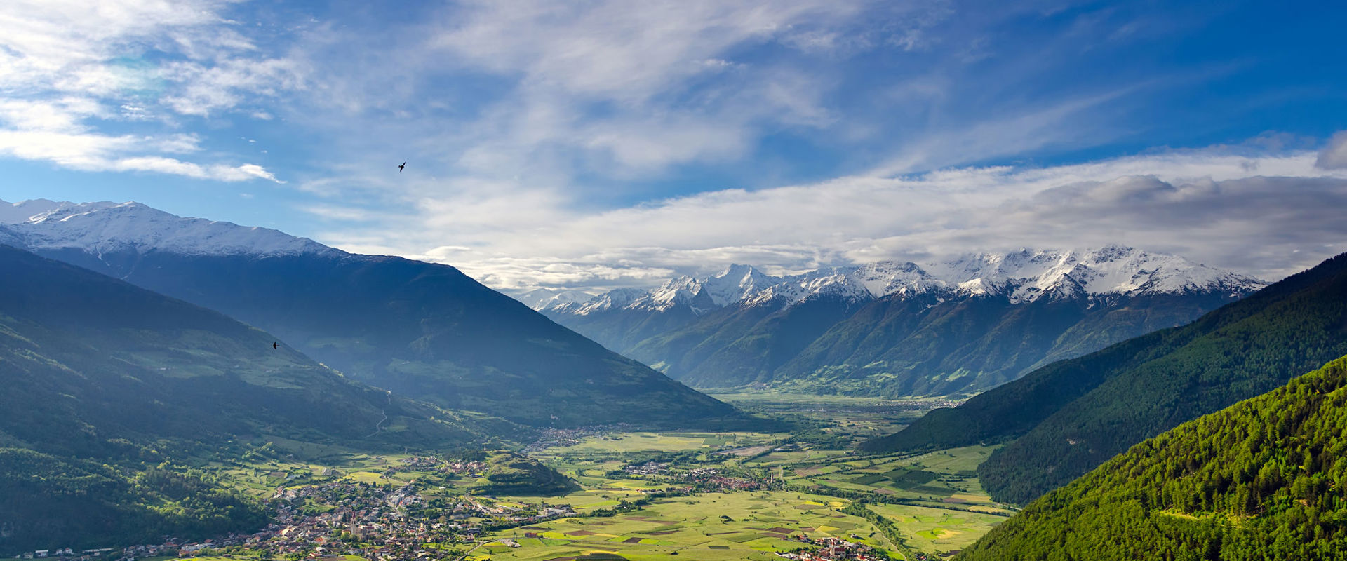 Blick auf den berggesäumten mittleren Vinschgau mit Mals und Glurns aus der Ferne.