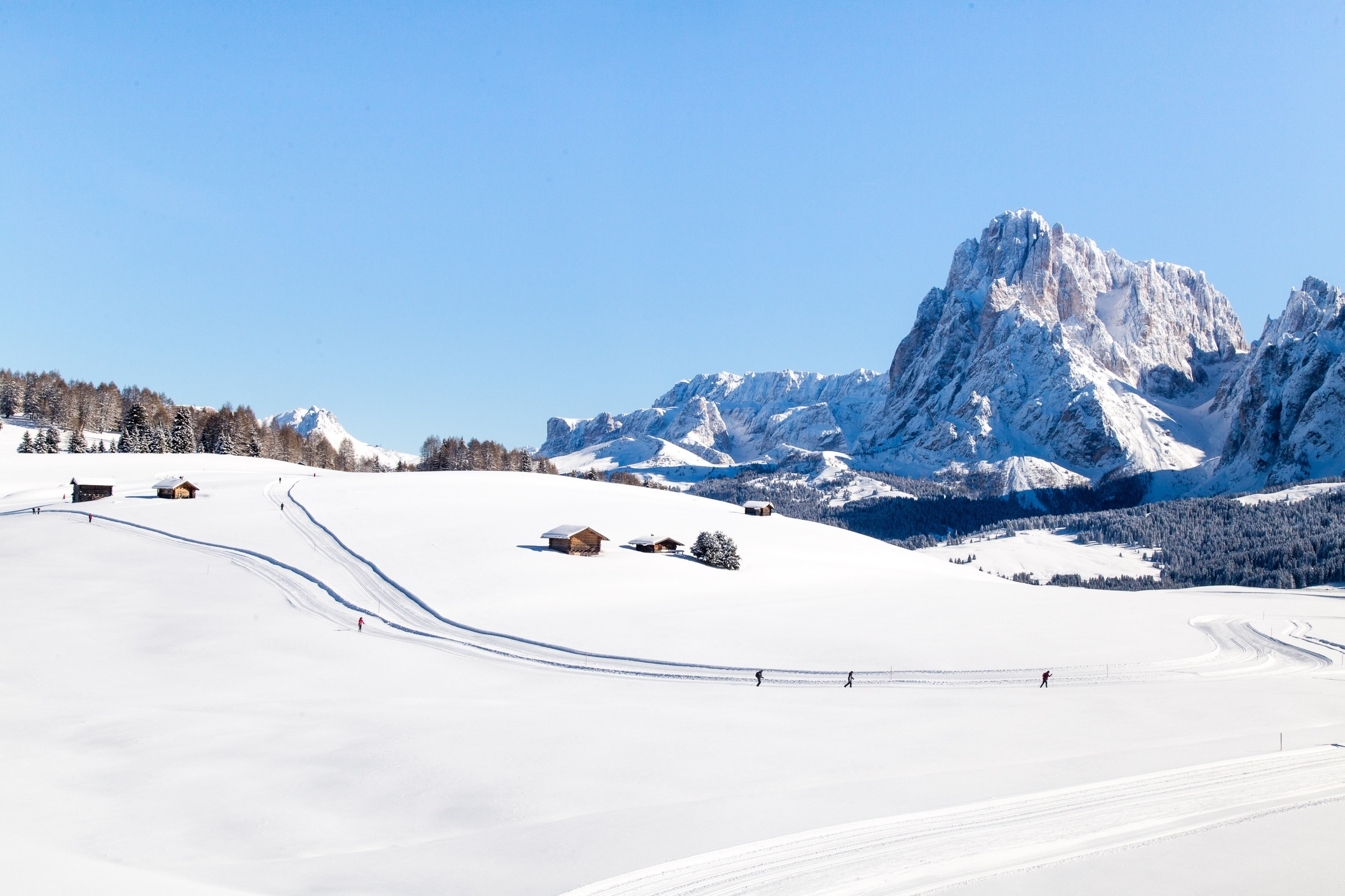 Langläufer auf schneebedeckter Hochalm mit Almhütten & Bergpanorama