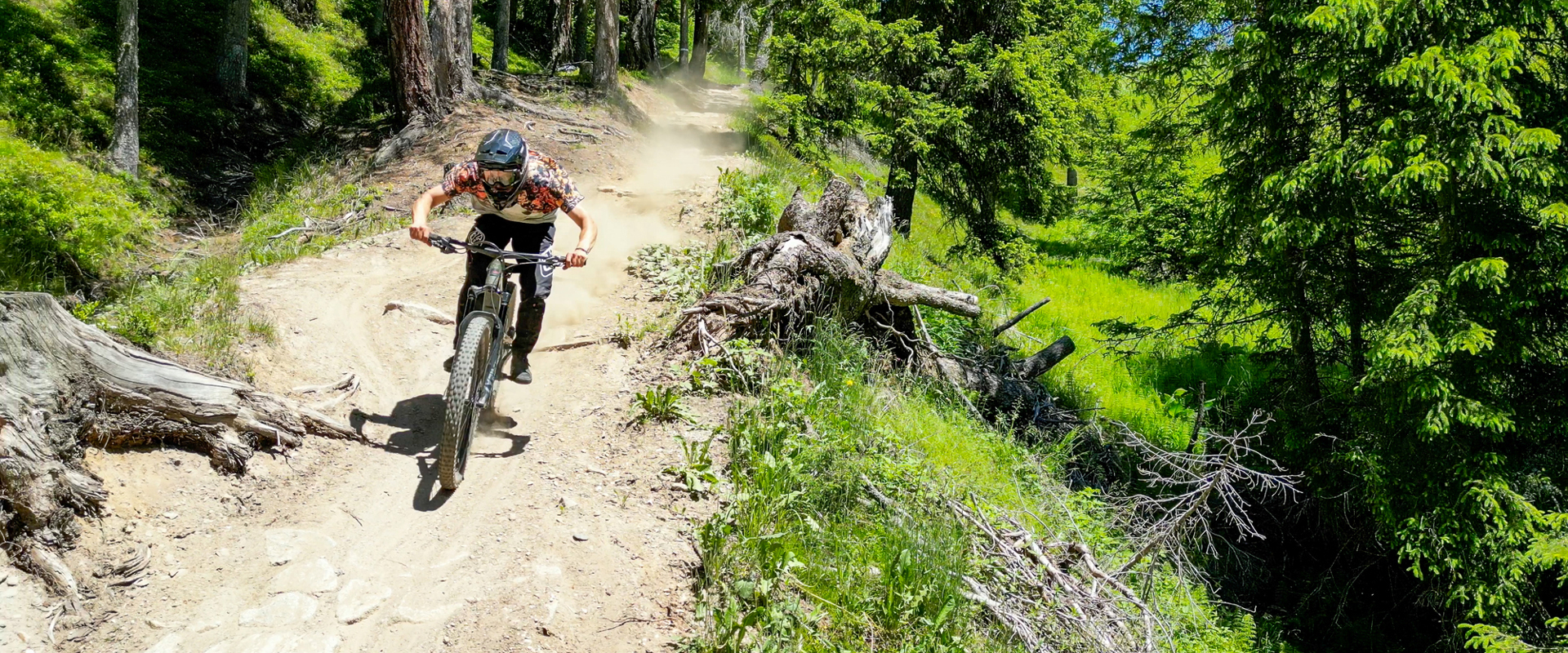 Mountainbiker bei der Abfahrt auf einem Trail im Bike Park Kronplatz