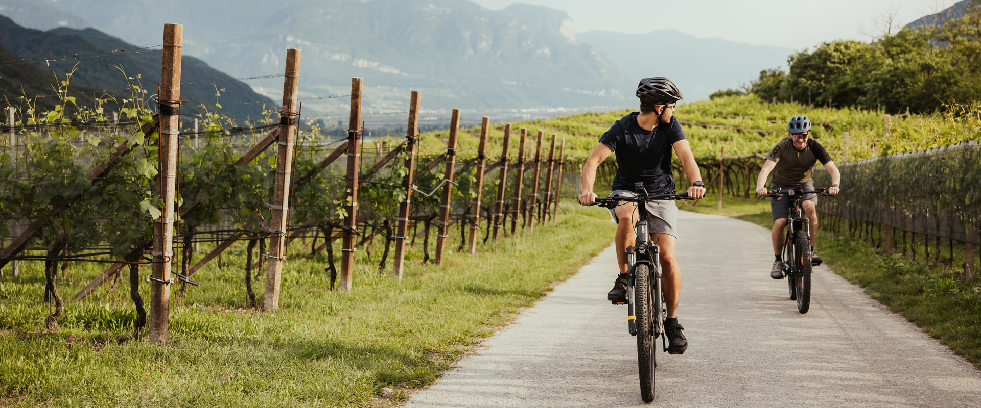 Mountainbiketour in Südtirol Zwei Mountainbiker sind zischen Weinbergen unterwegs.